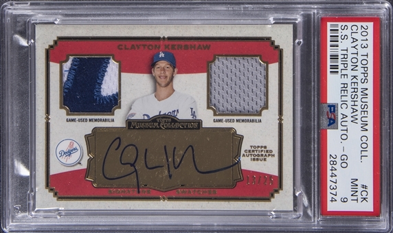 2013 Topps Museum Collection Signature Swatches Triple Relic Auto #CK Clayton Kershaw Signed Patch Card (#13/25) - PSA MINT 9